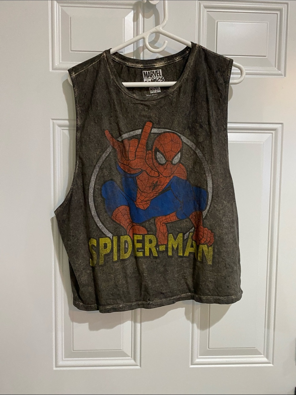 Marvel Gray Washed Spider-Man Graphic Tank with Red, Blue & Yellow Print
